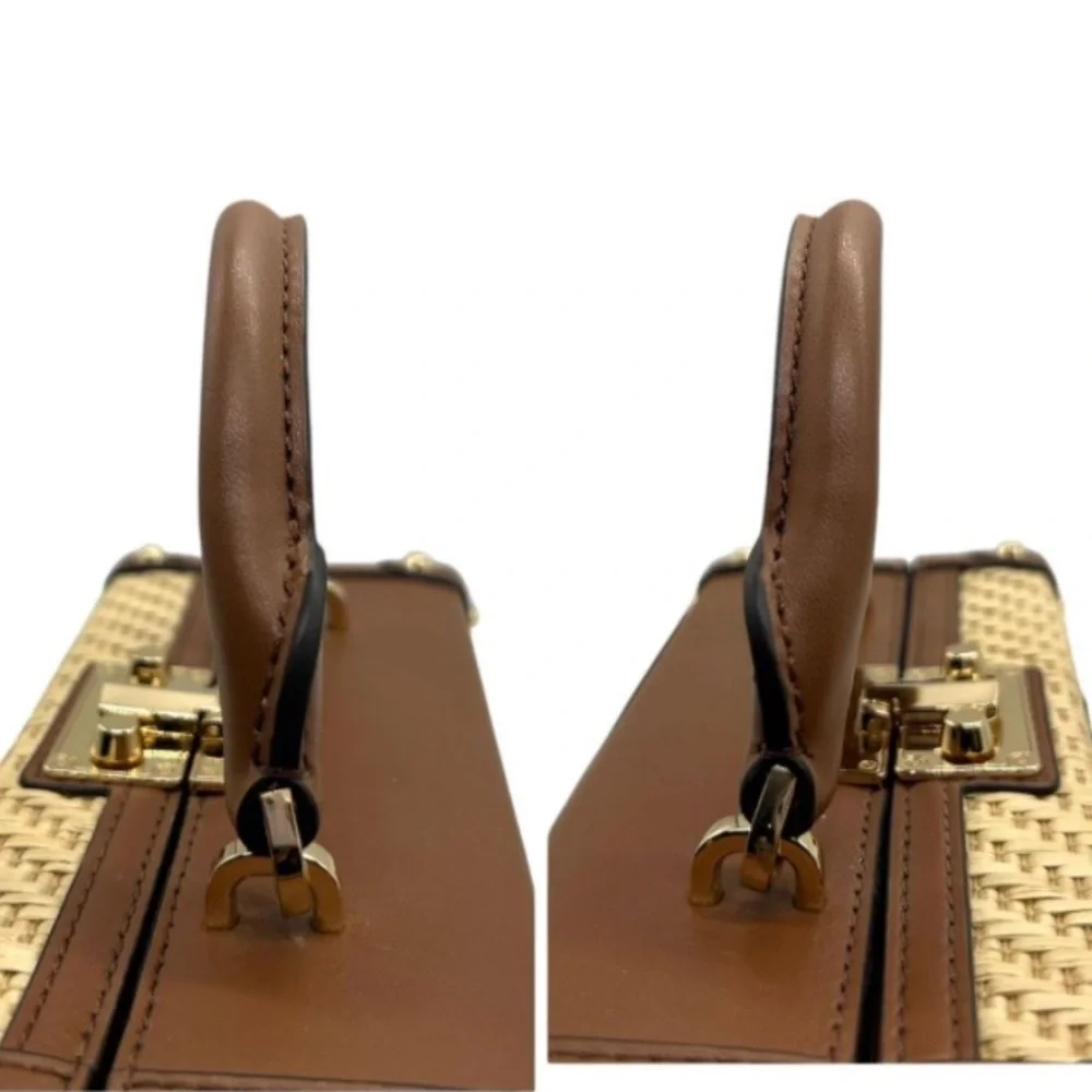 Michael Kors Tan Brown Straw Satchel with Pineapple Embroidery